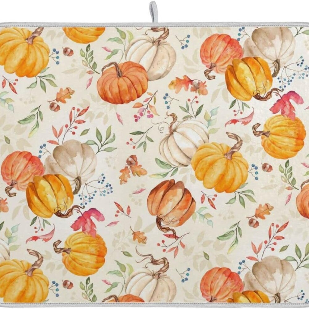 Autumn Fall Dish Drying Mat for Kitchen Counter Watercolor Pumpkin Maple Leaf Dr